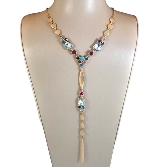 Anthropologie Jewelry - ANTHROPOLOGIE GOLD TONE MULTI COLOR CRYSTAL JEWELED Y NECKLACE NWT